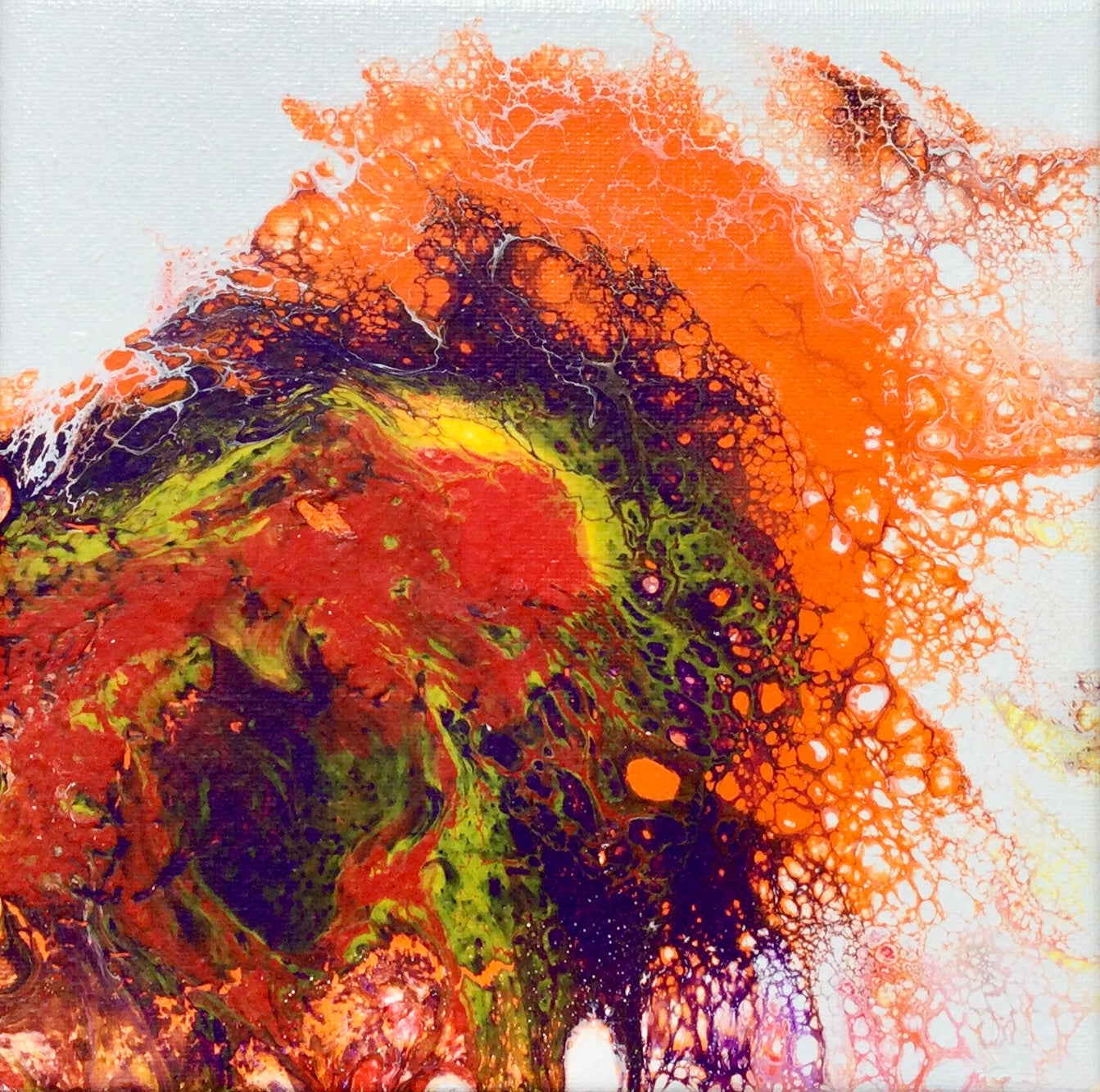Acrylinque pouring Orange, pourpre, rouge 20x20 sur chevalet