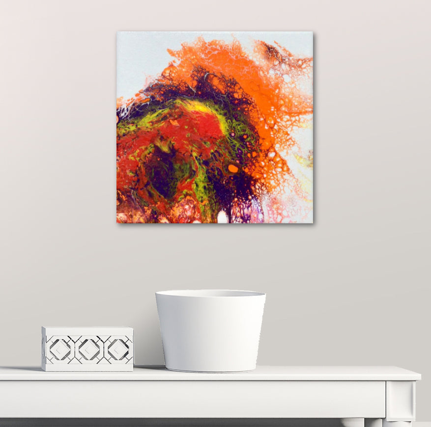 Acrylinque pouring Orange, pourpre, rouge 20x20 sur chevalet