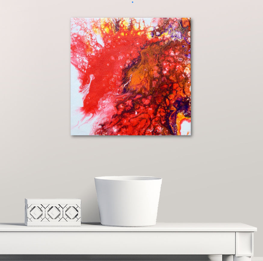 Acrylinque pouring Rouge, orange, pourpre 20x20 sur chevalet