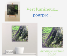 Load image into Gallery viewer, Acrylinque pouring Vert lumineux, pourpre 20x20 sur chevalet
